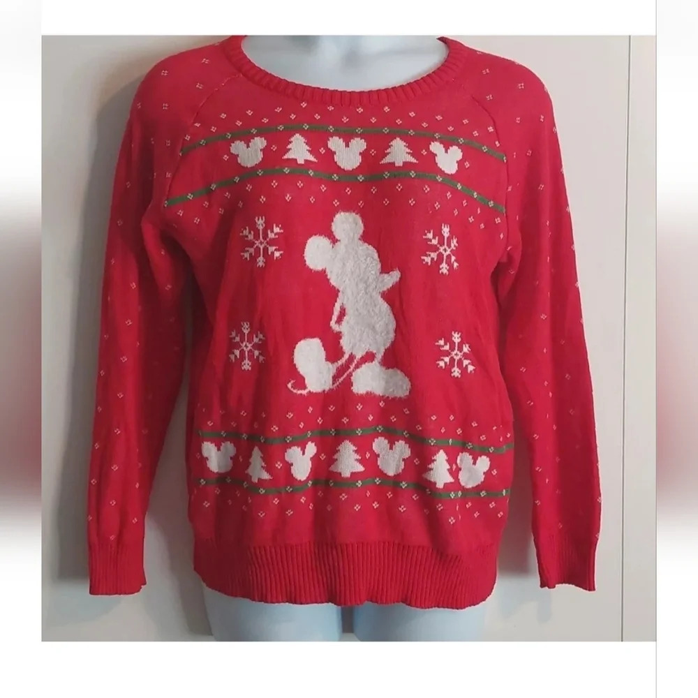 Disney Mickey Mouse knit crewneck sweater red white XL Winter Snowflakes